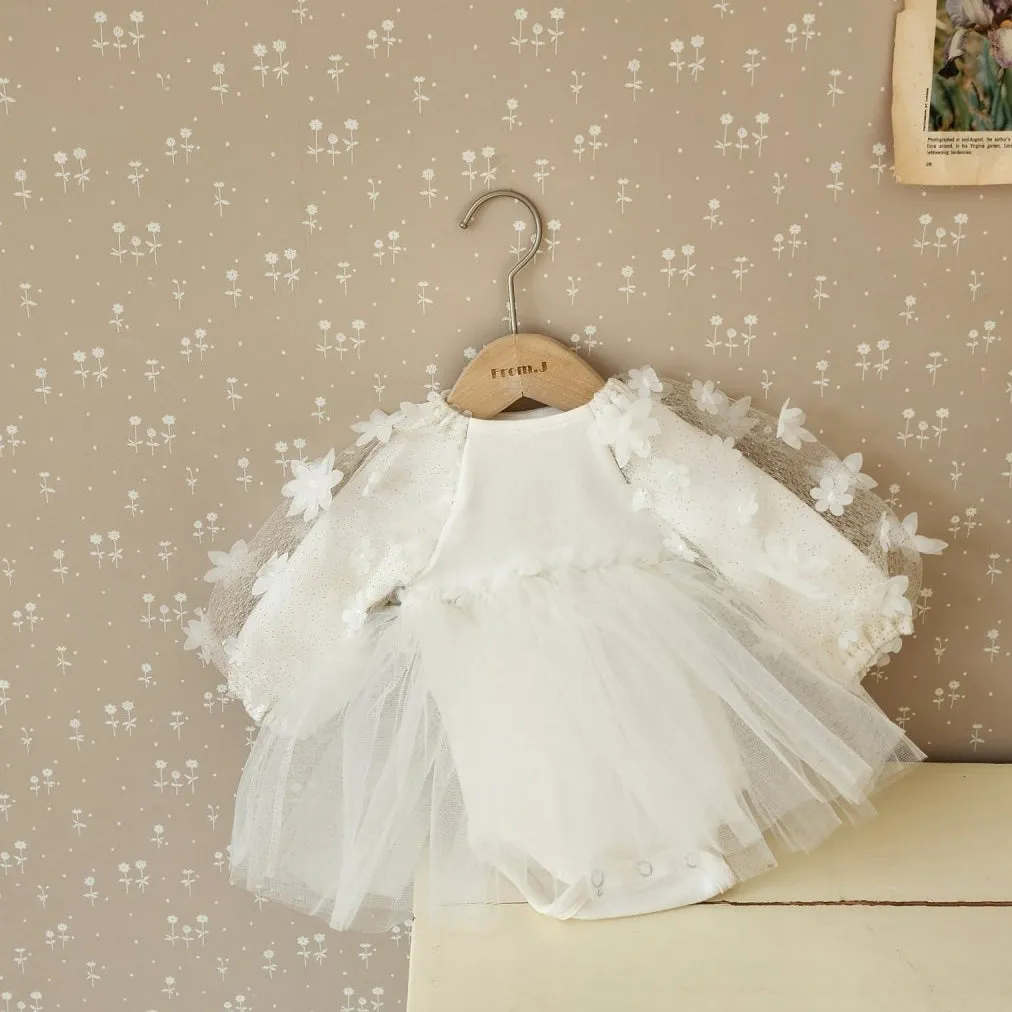 Baby 3D Flowers Long Sleeve Tutu Dress Romper (3-18m) - Cream