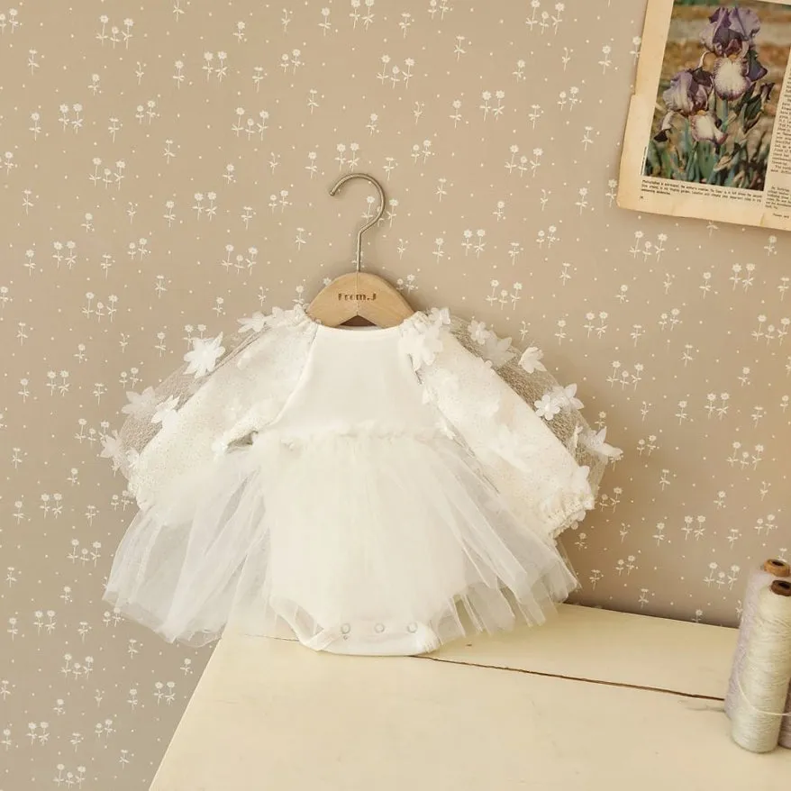 Baby 3D Flowers Long Sleeve Tutu Dress Romper (3-18m) - Cream