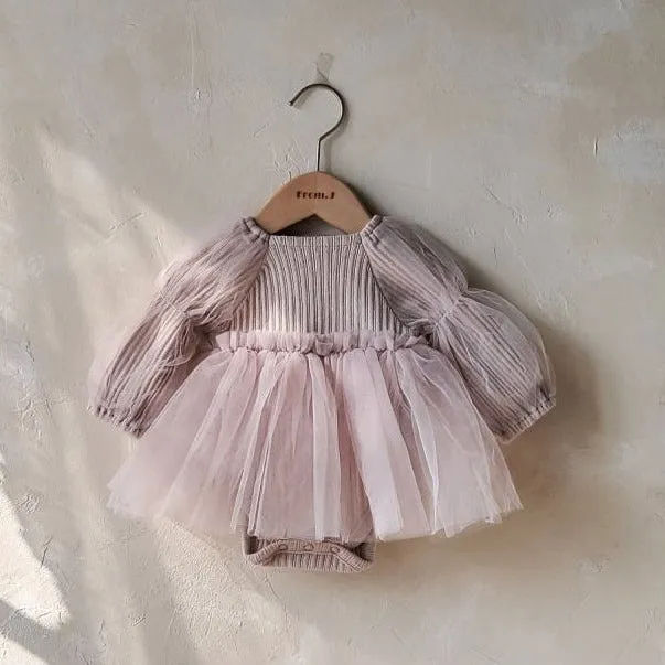 Baby Puff Sleeve Tutu Dress Romper (3-18m) - Beige Pink