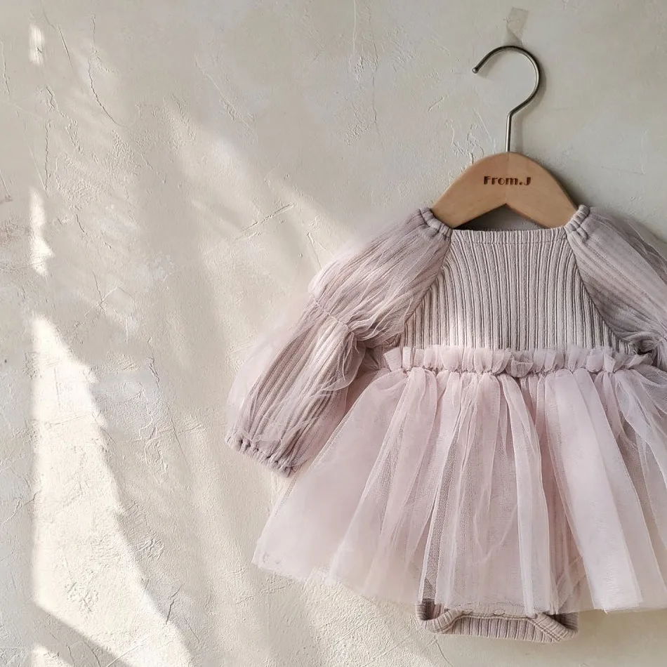 Baby Puff Sleeve Tutu Dress Romper (3-18m) - Beige Pink