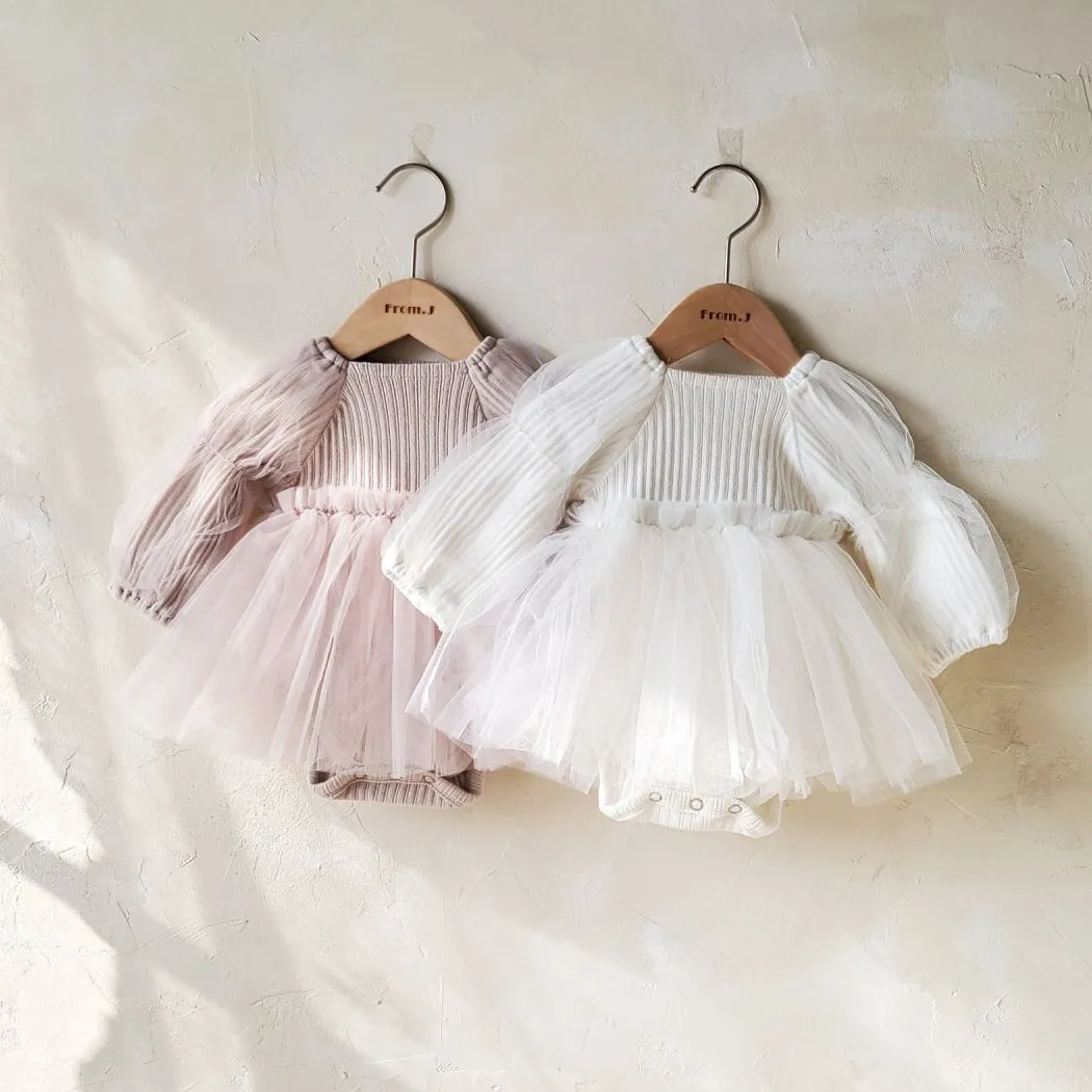 Baby Puff Sleeve Tutu Dress Romper (3-18m) - Beige Pink