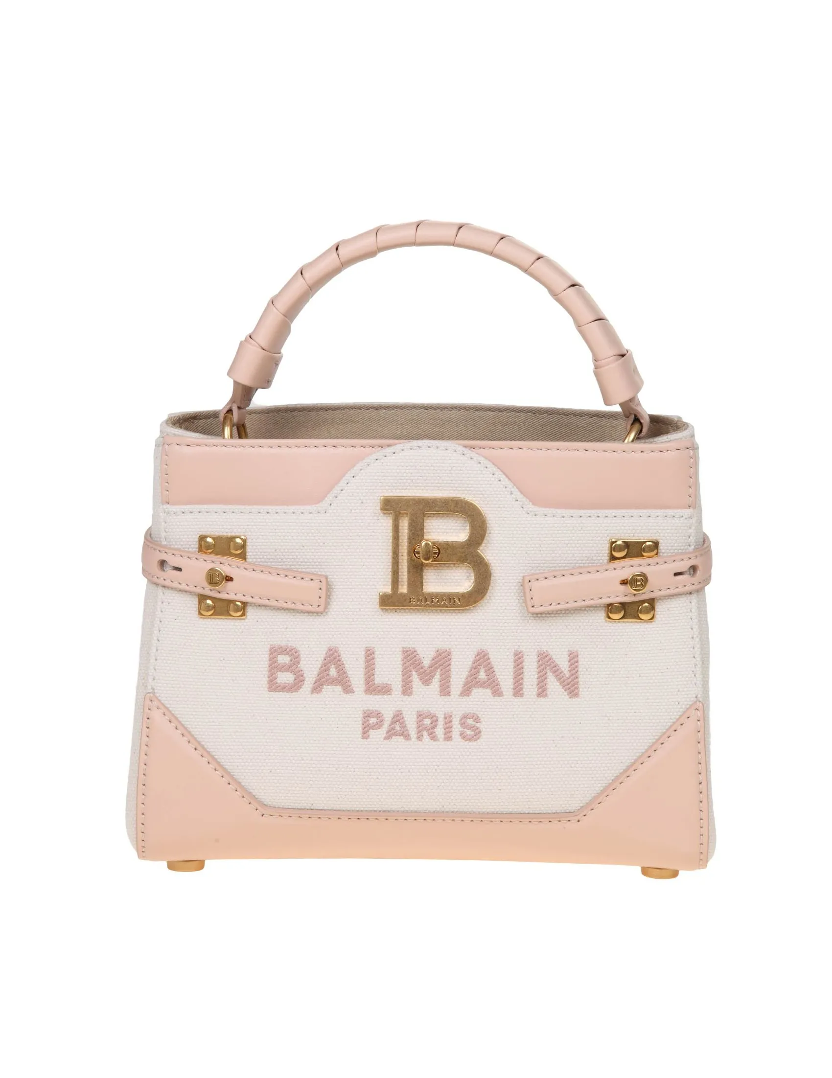 BALMAIN B-BUZZ 22 BAG IN CANVAS AND LEATHER NUDE PINK