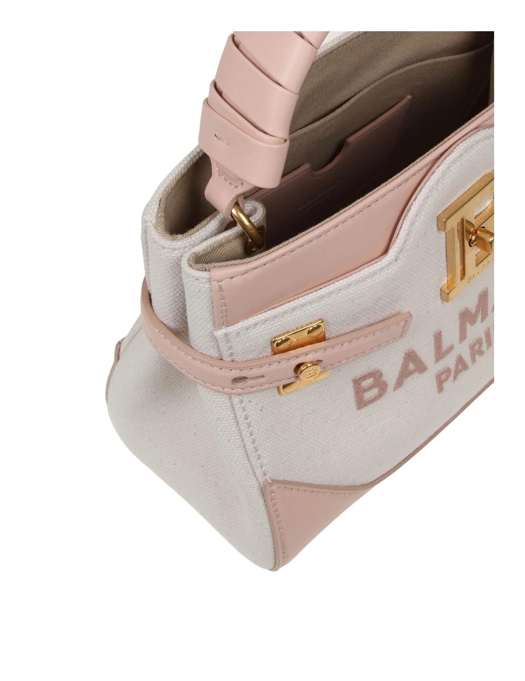 BALMAIN B-BUZZ 22 BAG IN CANVAS AND LEATHER NUDE PINK