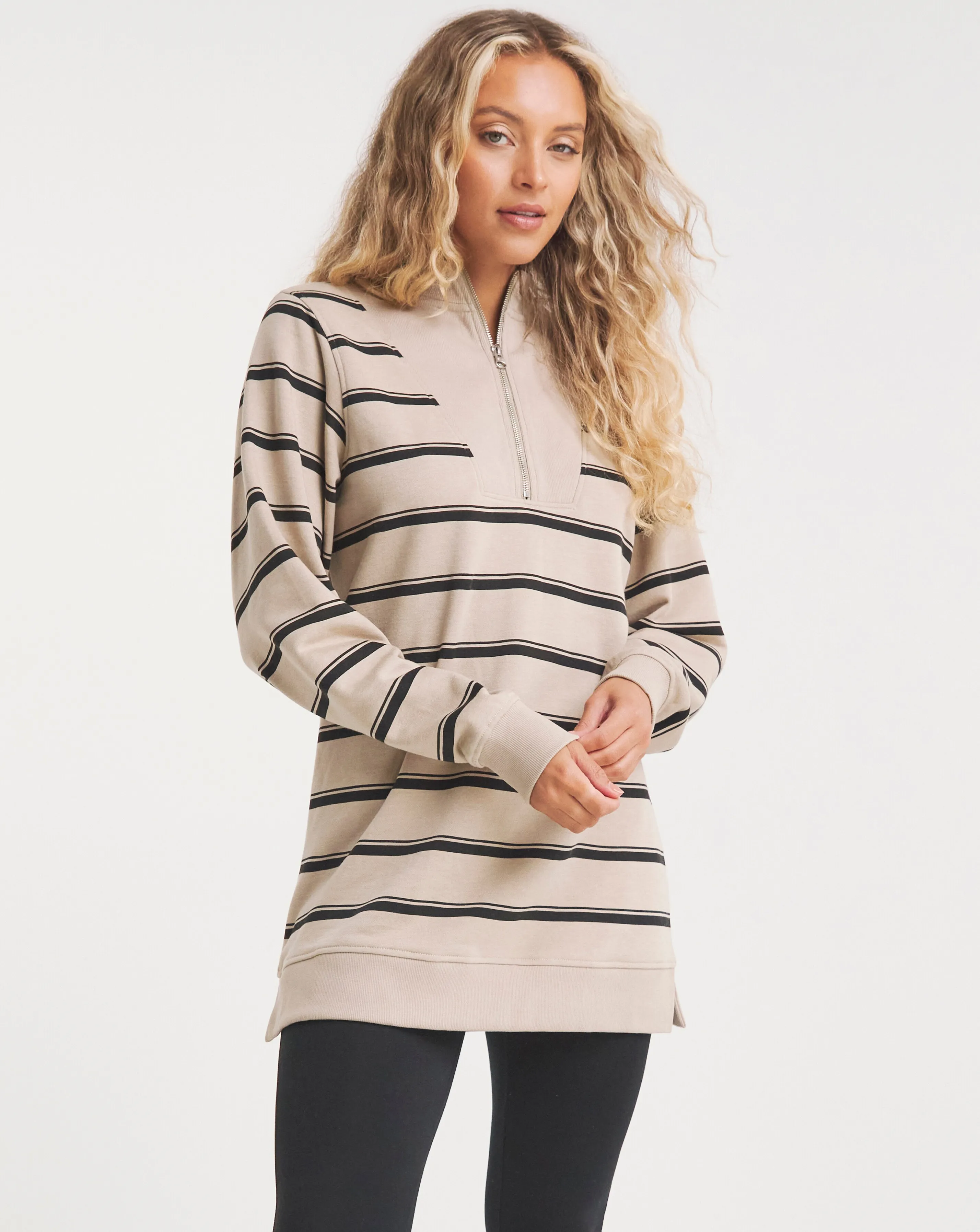 Black & Ivory Stripe Half Zip Tunic | Simply Be