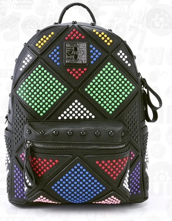 Black Colorful Rainbow Studs Gothic Punk Rock Backpack