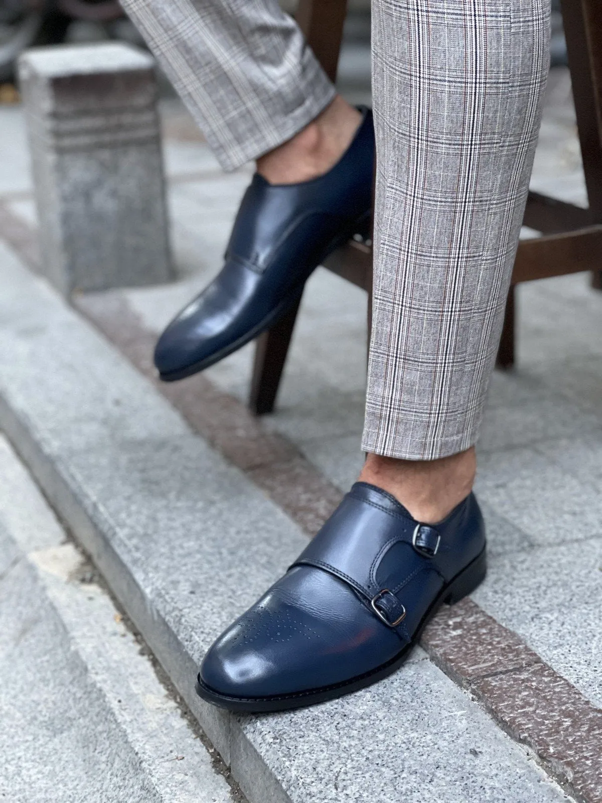 Bojo Navy Blue Neolite Buckled Leather Shoes