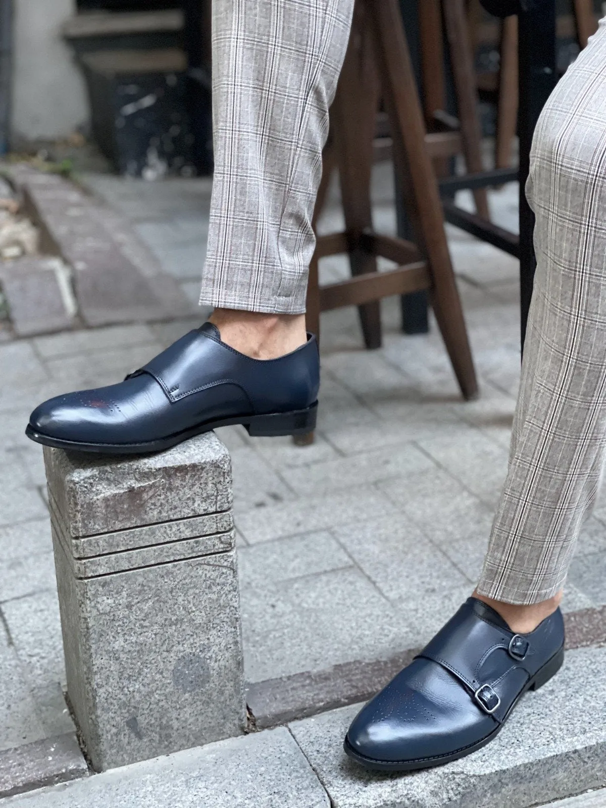 Bojo Navy Blue Neolite Buckled Leather Shoes