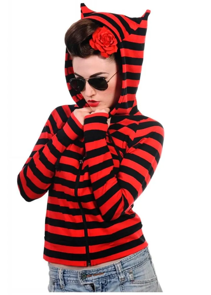 Cat Ears Red & Black Striped Zip Hoodie