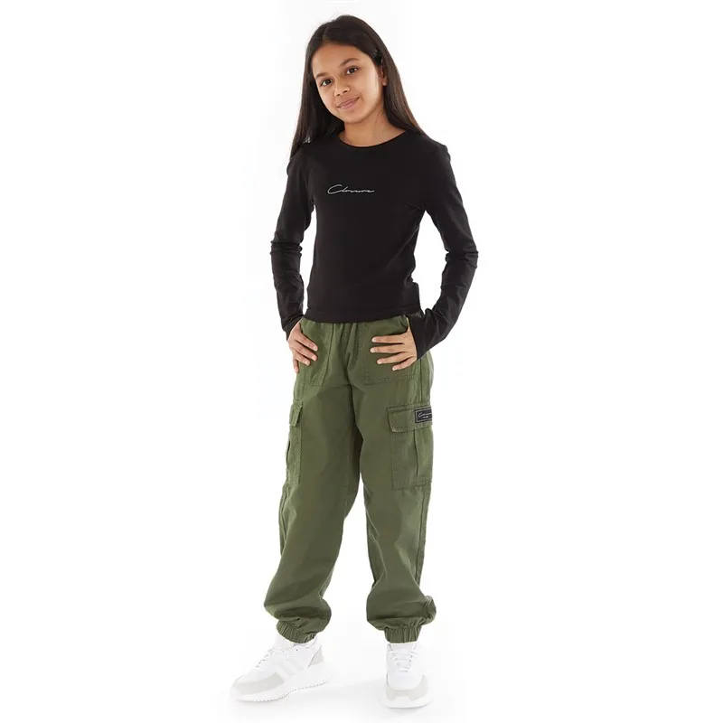 Closure London Girls Cargos And Jersey Long Sleeve T-Shirt Tracksuit Black/Khaki