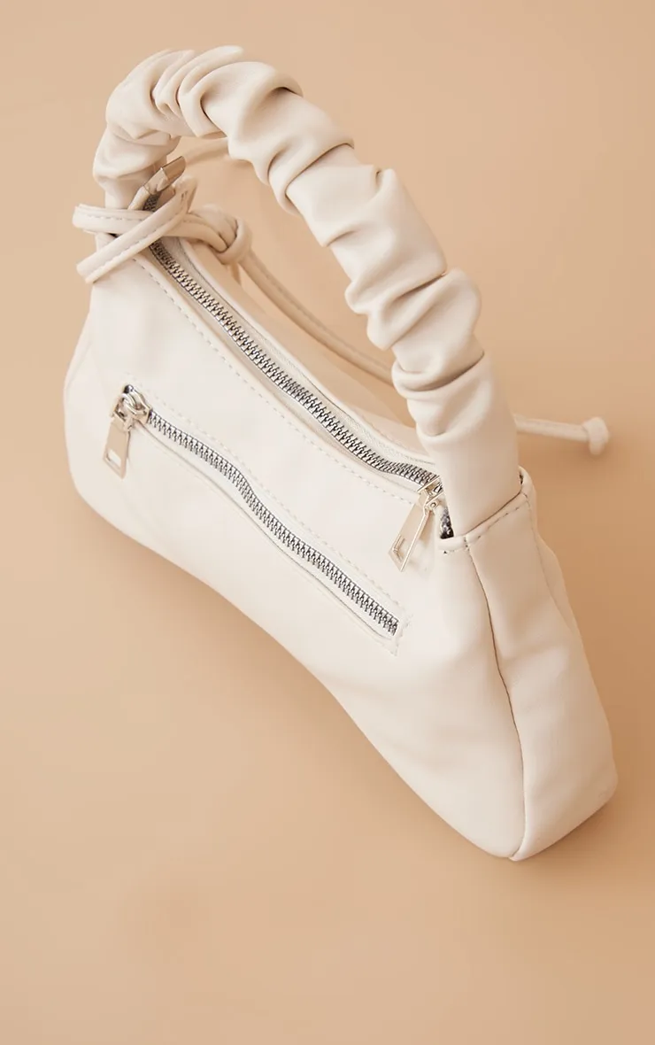 Cream Pu Ruched Handle Zip Shoulder Bag