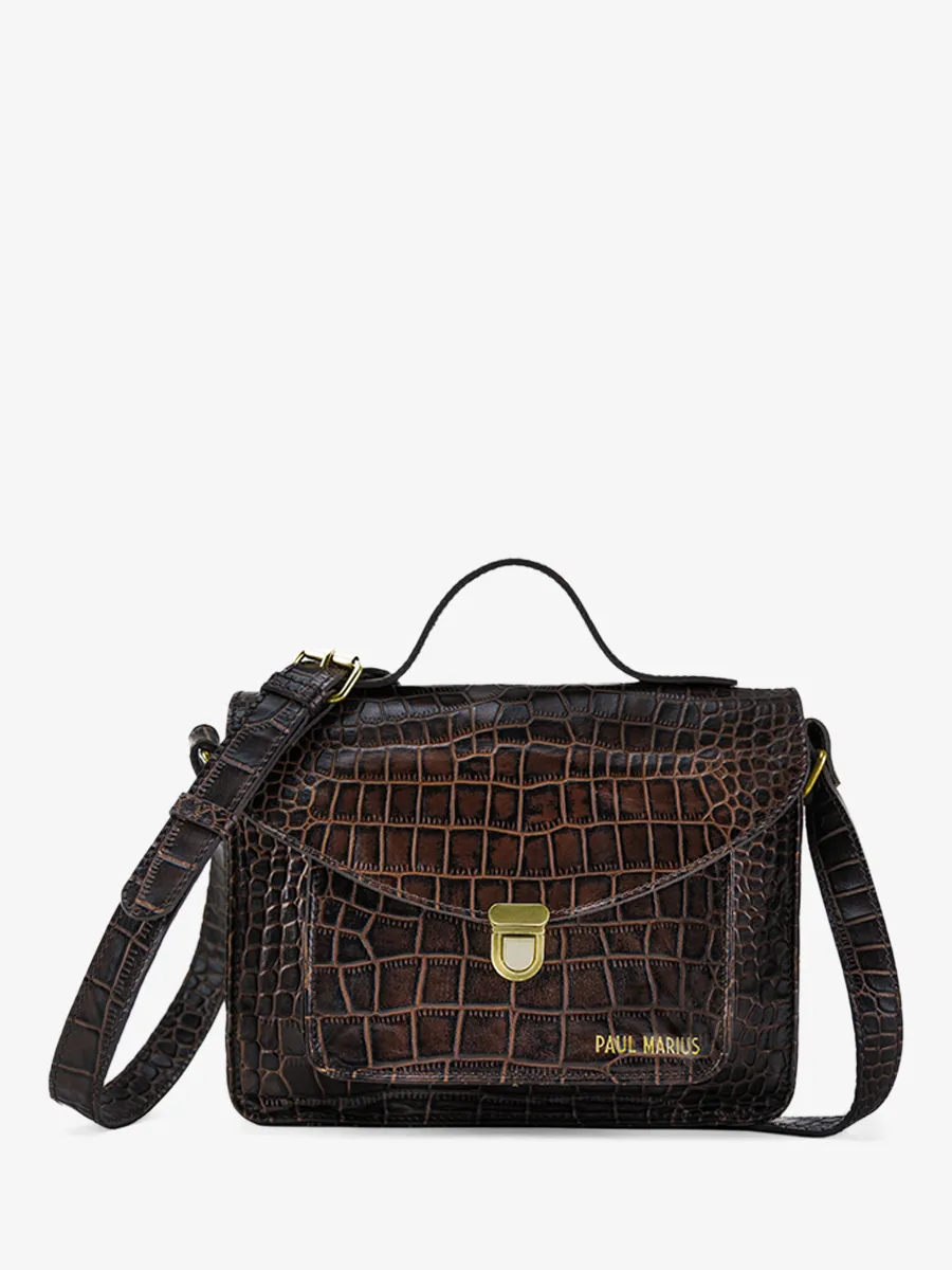 Dark Brown Leather Cross-body Bag for Women - Mademoiselle George Alligator Tiger's Eye | PAUL MARIUS