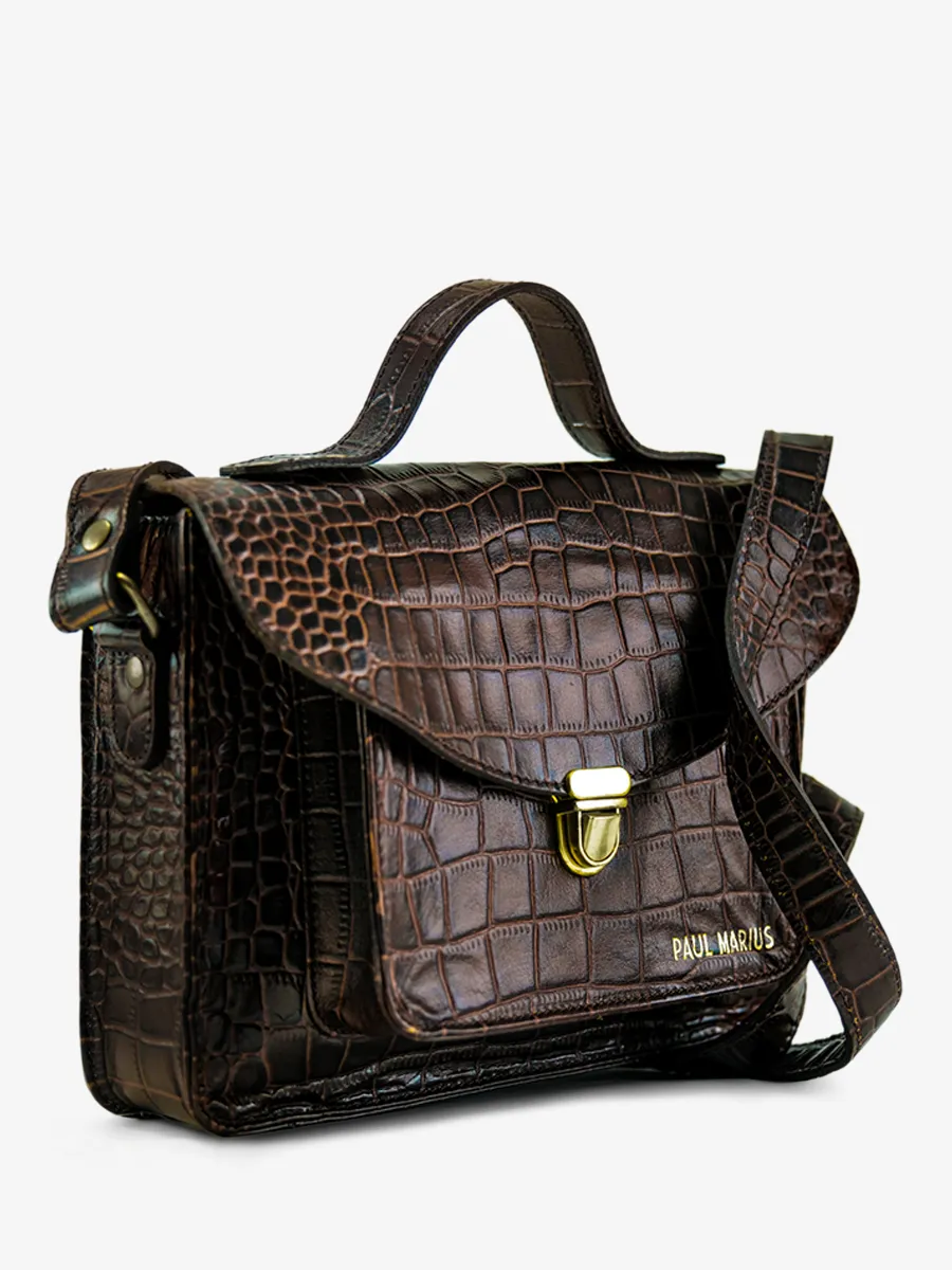 Dark Brown Leather Cross-body Bag for Women - Mademoiselle George Alligator Tiger's Eye | PAUL MARIUS