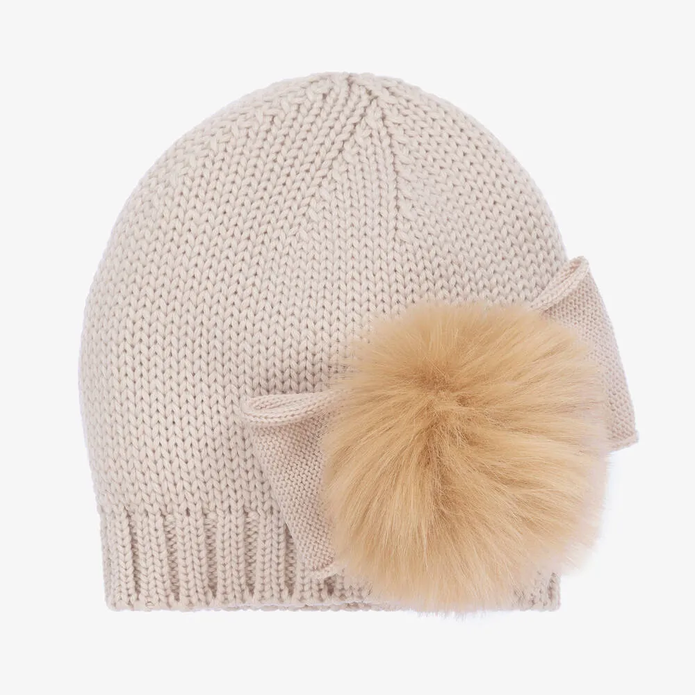 Girls Beige Wool Knit Pom-Pom Hat