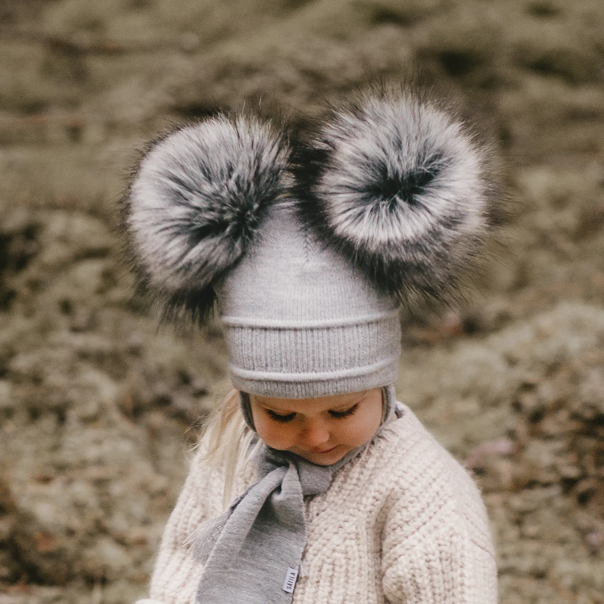 Grey Tindra Double Pom-Pom Hat