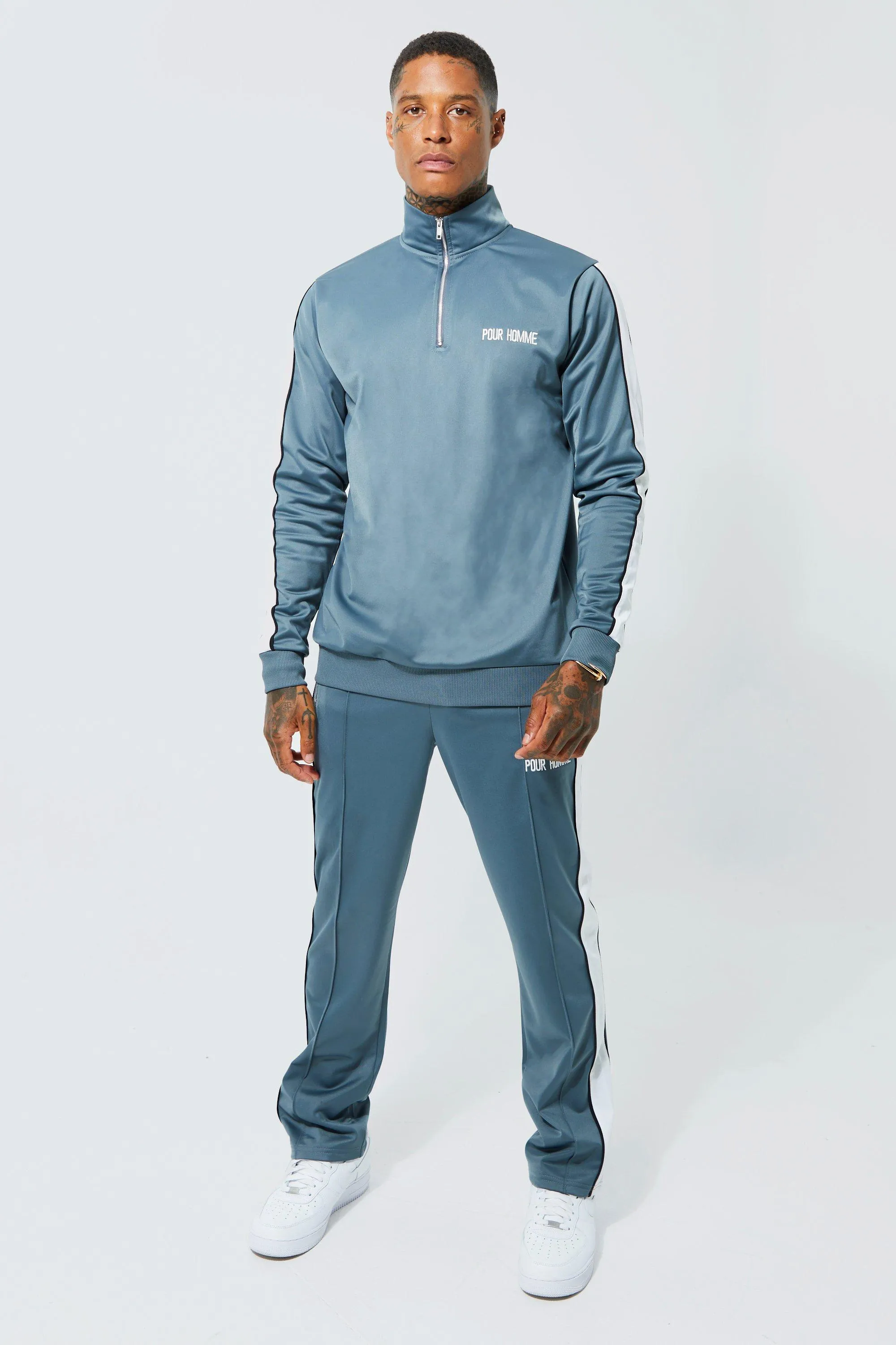 Homme Side Panel Tricot Funnel Neck Tracksuit | boohooMAN UK