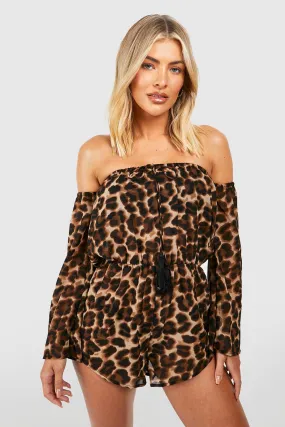 Leopard Chiffon Off The Shoulder Tassel Beach Romper