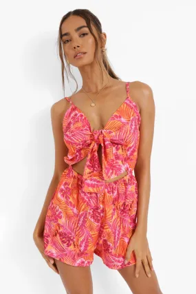 Linen Look Palm Print Tie Front Romper