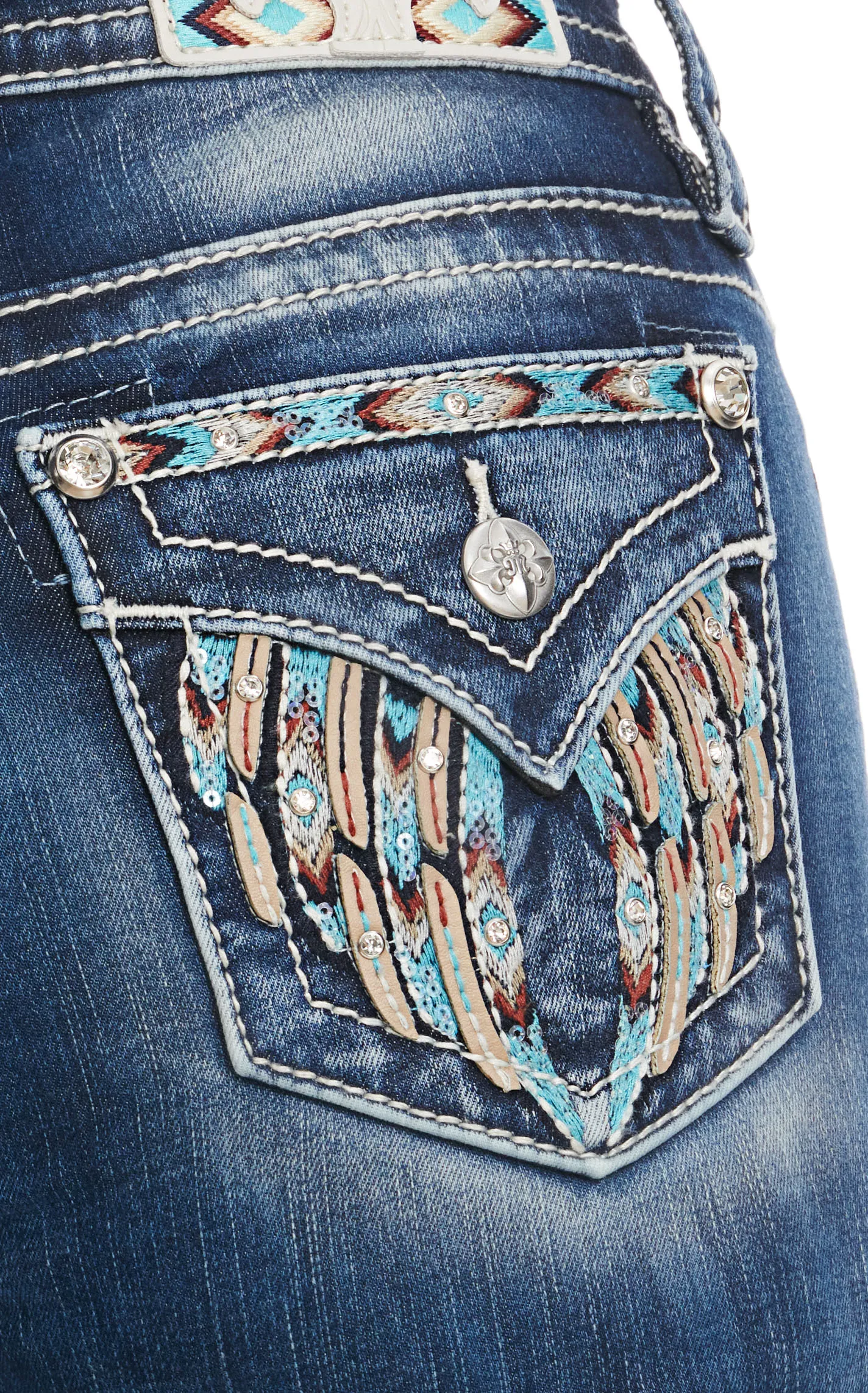 Miss Me Women's Dark Wash Mid Rise Aztec Wings & Bling Boot Cut Jeans 