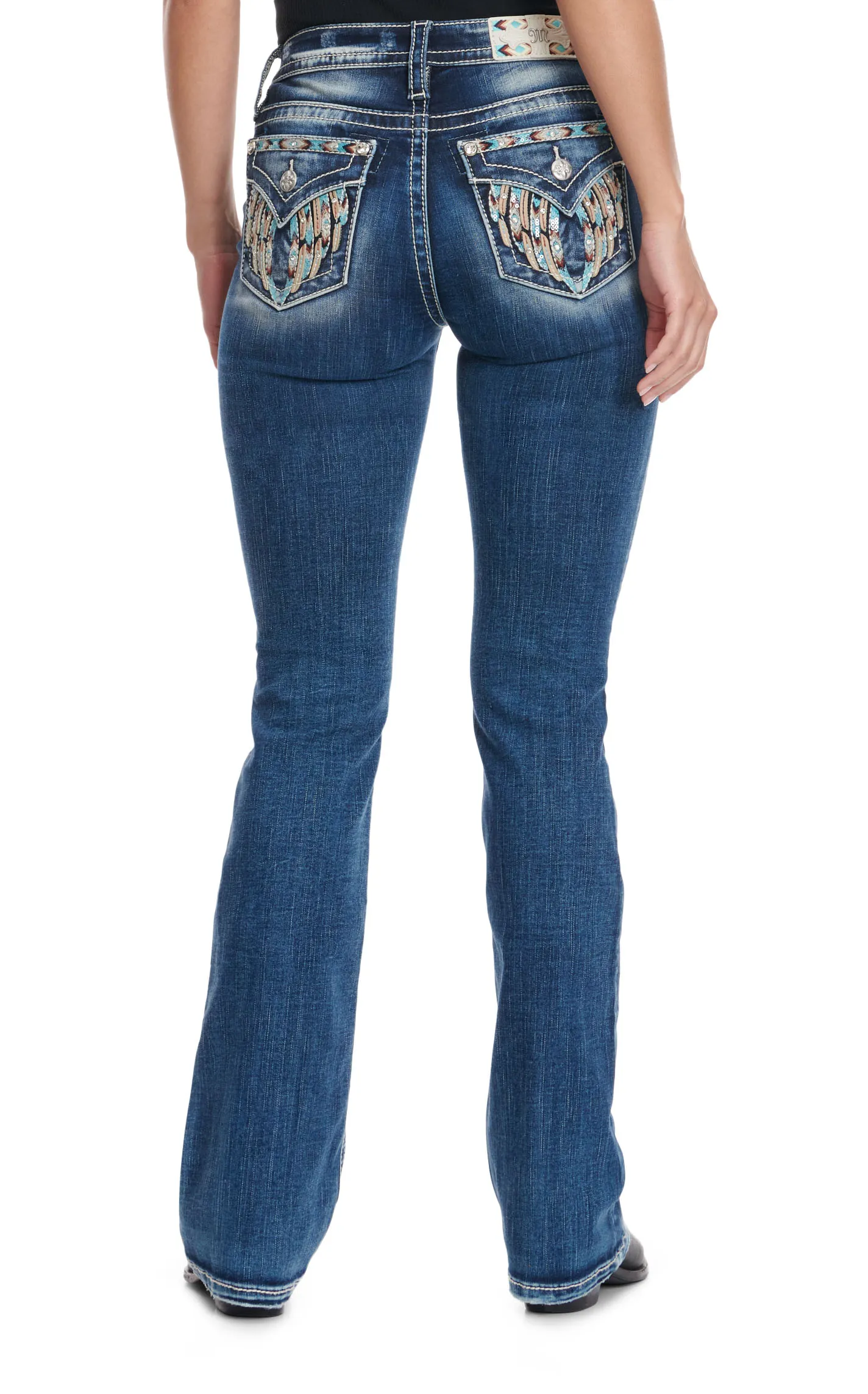 Miss Me Women's Dark Wash Mid Rise Aztec Wings & Bling Boot Cut Jeans 