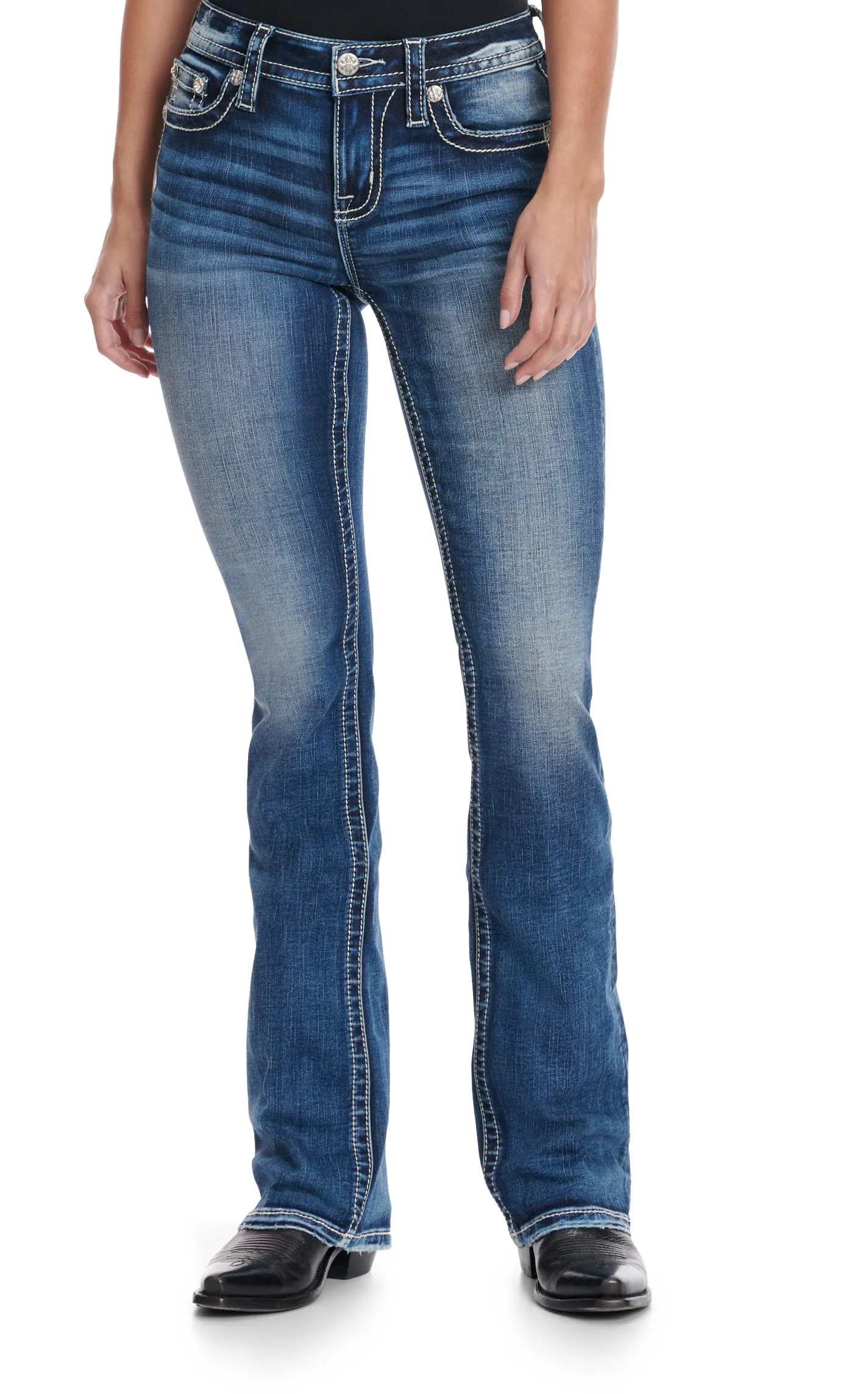 Miss Me Women's Dark Wash Mid Rise Aztec Wings & Bling Boot Cut Jeans 