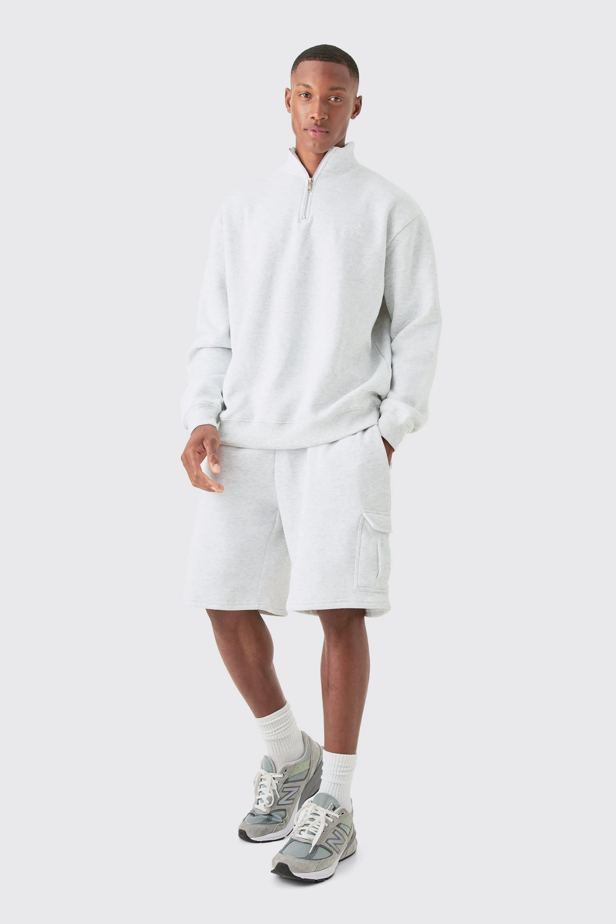 Oversized 1/4 Zip Cargo Short Tracksuit | boohooMAN UK