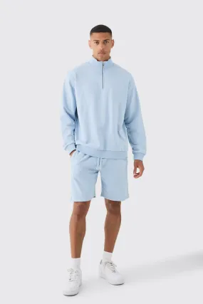 Oversized Boxy 1/4 Zip Sweatshirt Loopback Short Tracksuit | boohooMAN UK