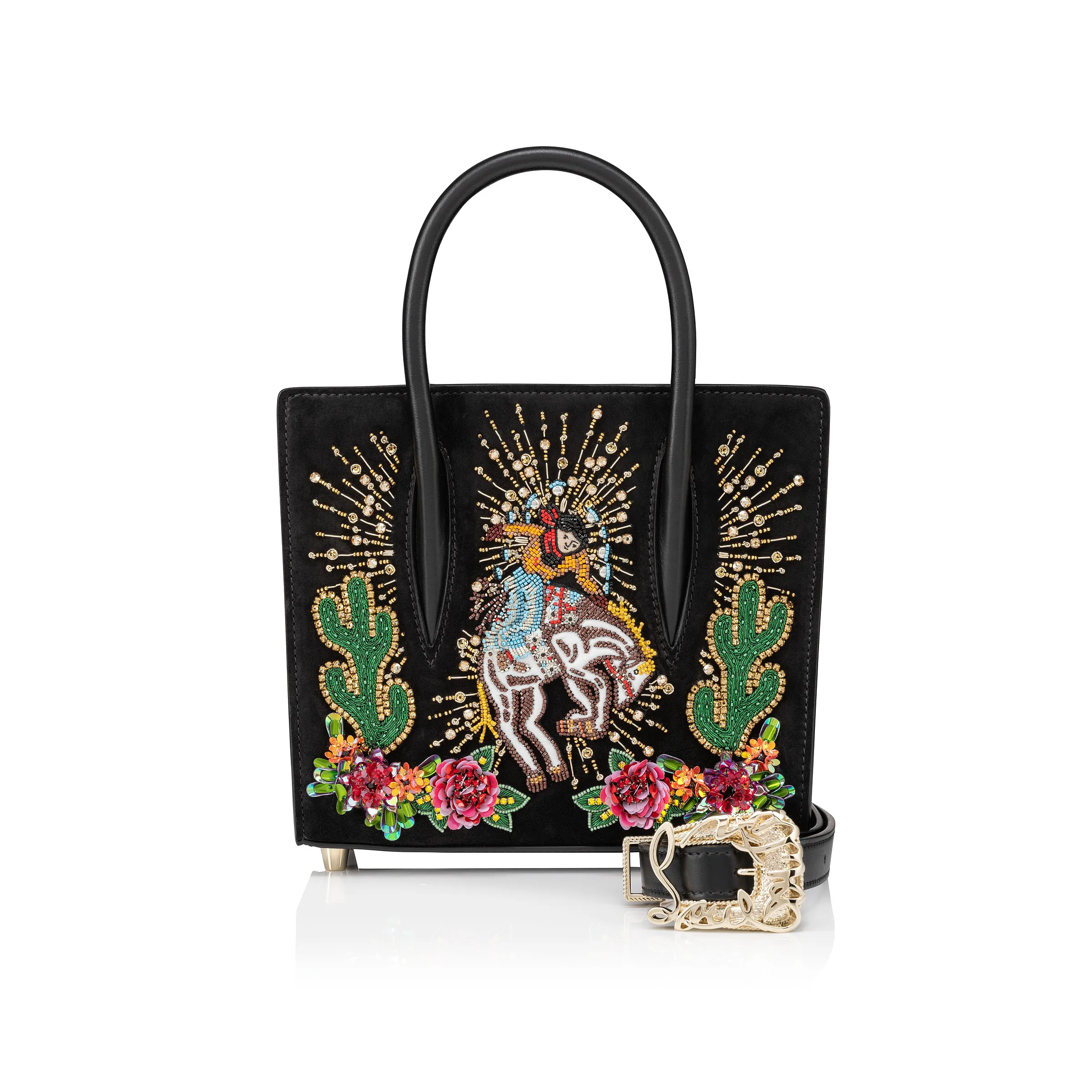 Paloma mini Top handle bag - Veau velours, calf leather and Lucky embroidery - Black