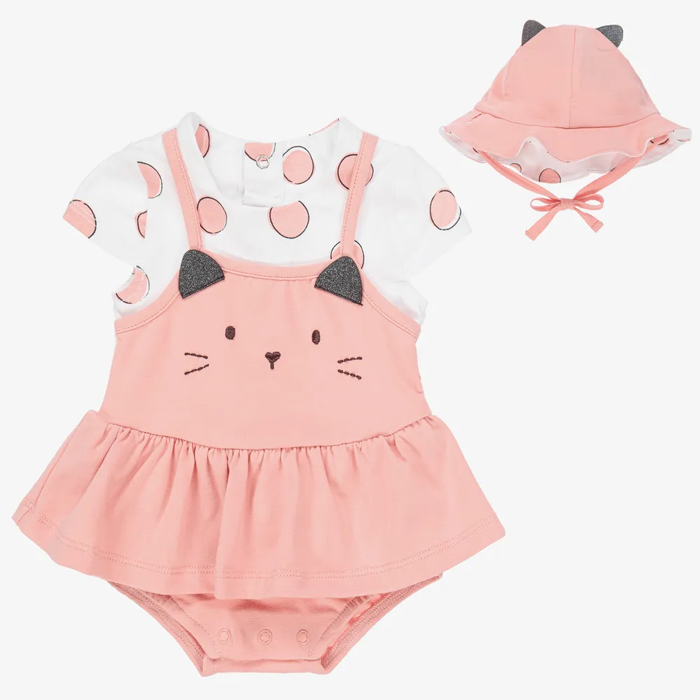 Pink Cat Baby Dress & Hat Set