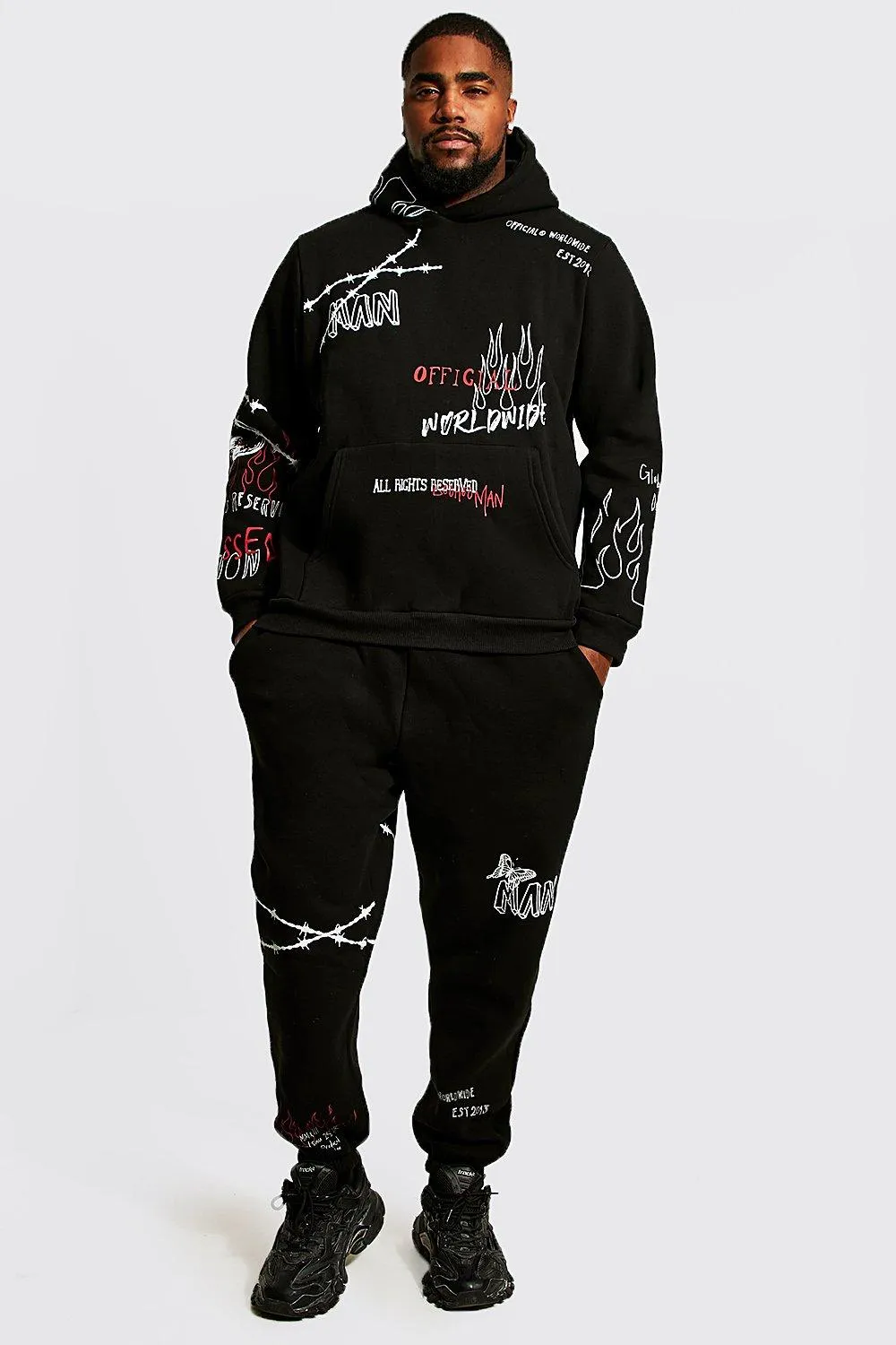 Plus Official Graffiti Print Hooded Tracksuit | boohooMAN UK