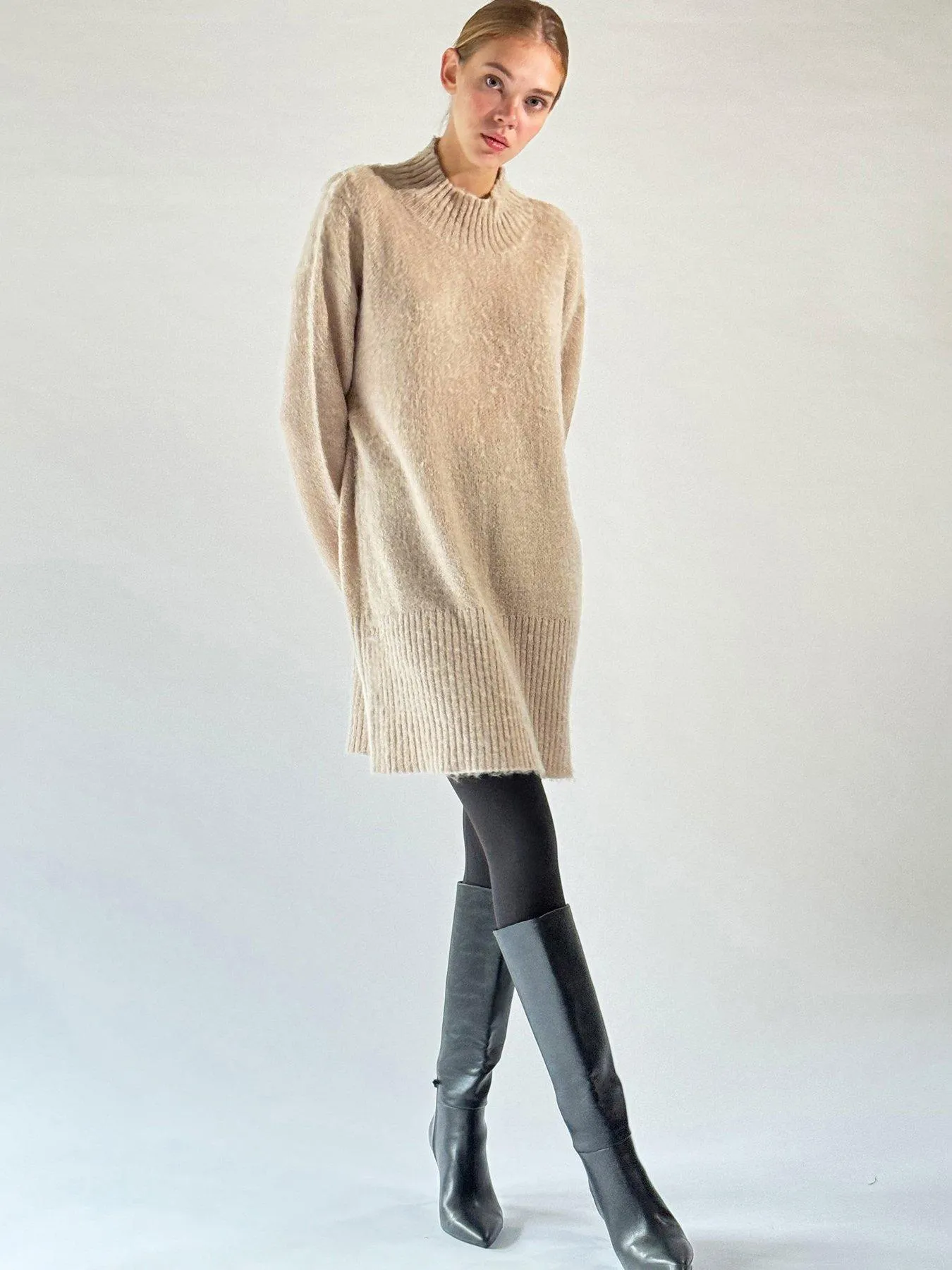 Religion Oversized Lux knitted tunic dress with high neck - Beige