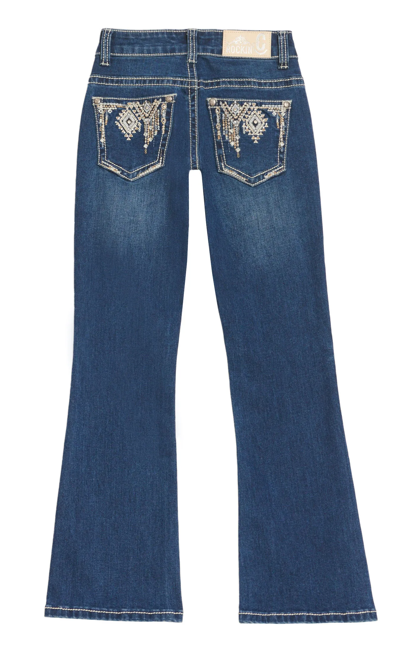 Rockin' C Girl's Dark Wash Embroidery Aztec Wind-chimes & Bling Crystal Boot Cut Jeans