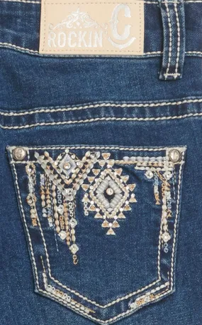 Rockin' C Girl's Dark Wash Embroidery Aztec Wind-chimes & Bling Crystal Boot Cut Jeans