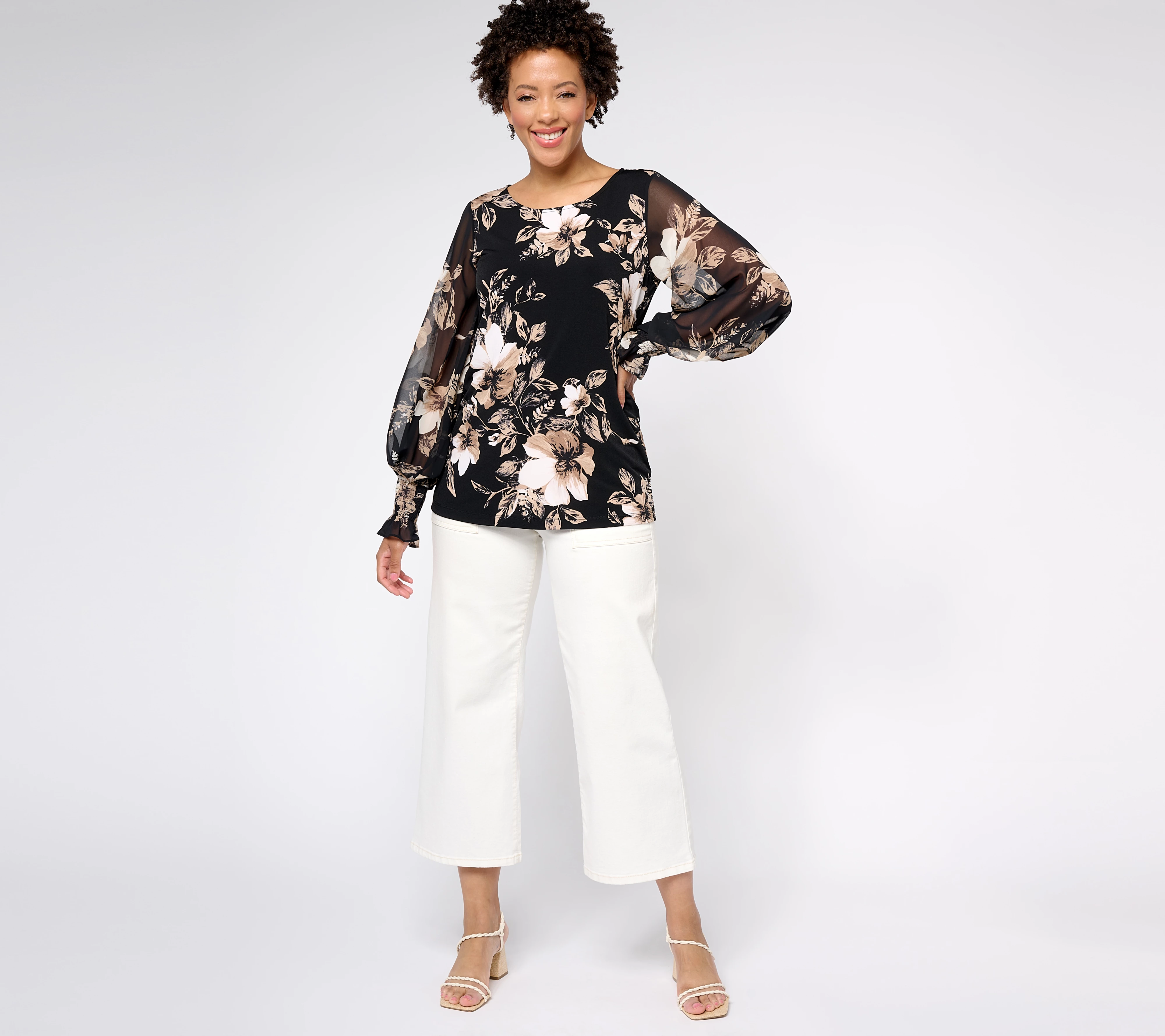 Susan Graver Regular Printed Liquid Knit Tunic with Chiffon Sleeves