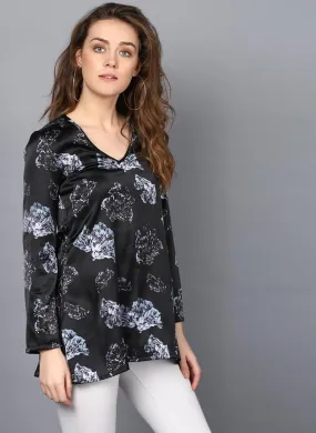 V-Neck Dark Floral Printed Tunic