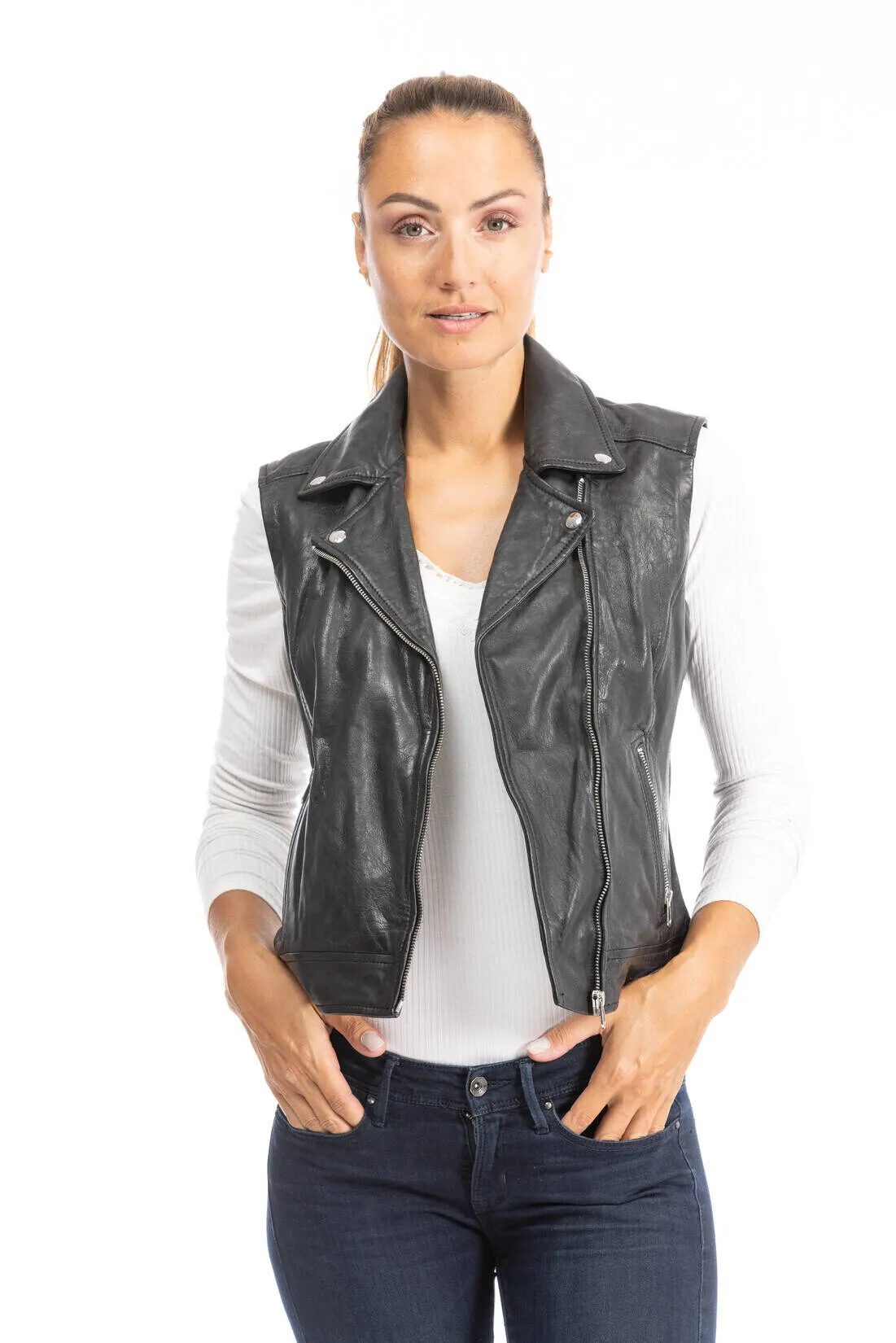 Women's black leather sleeveless vest 102338