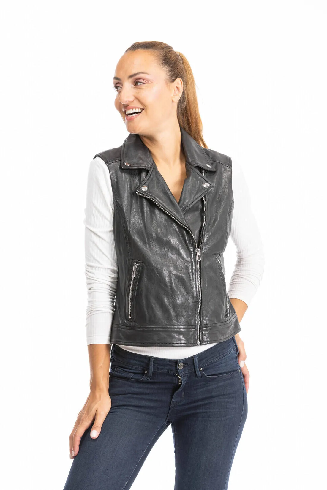 Women's black leather sleeveless vest 102338