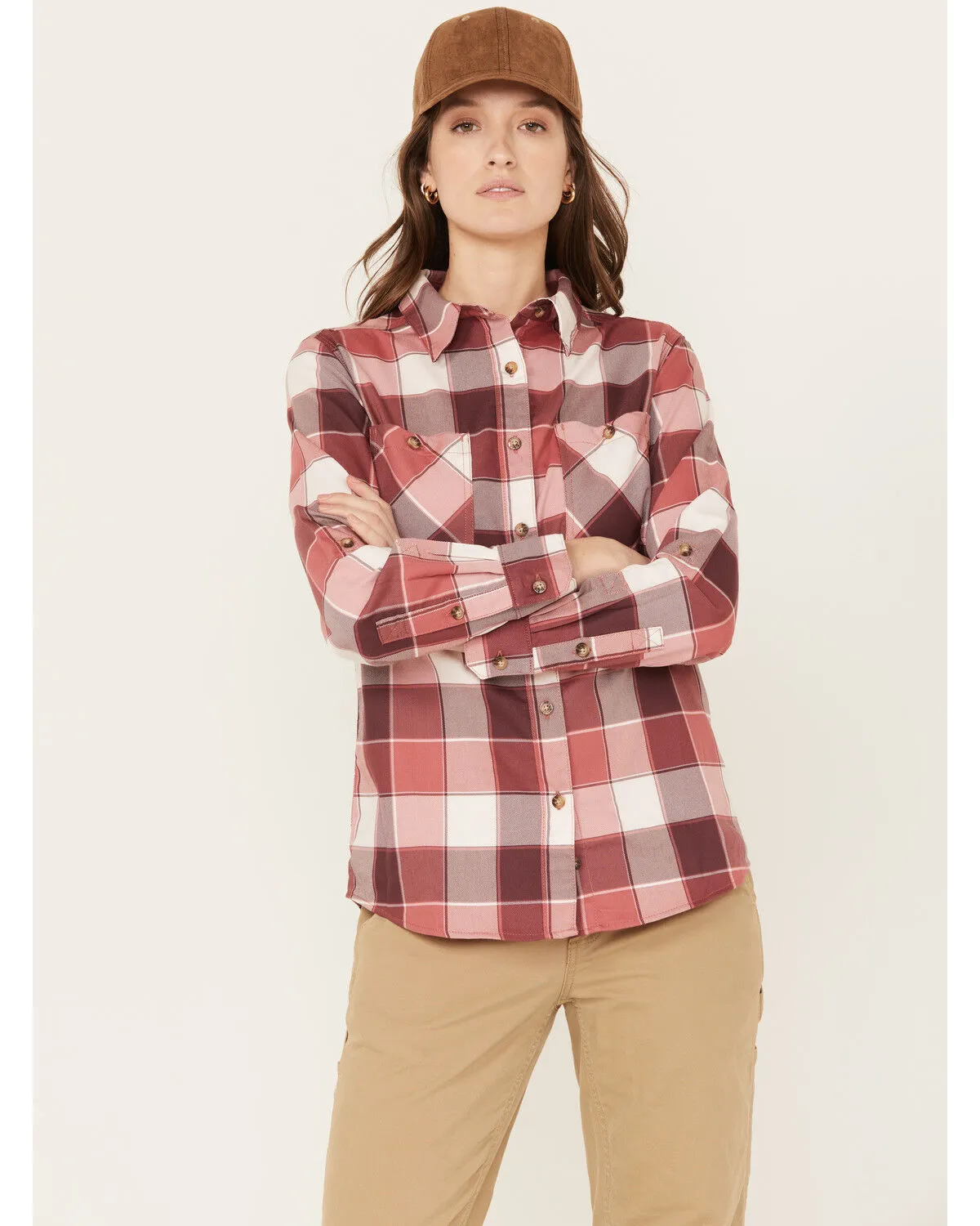 Wrangler Riggs Workwear Women's Plaid Print Long Sleeve Button Down Shirt