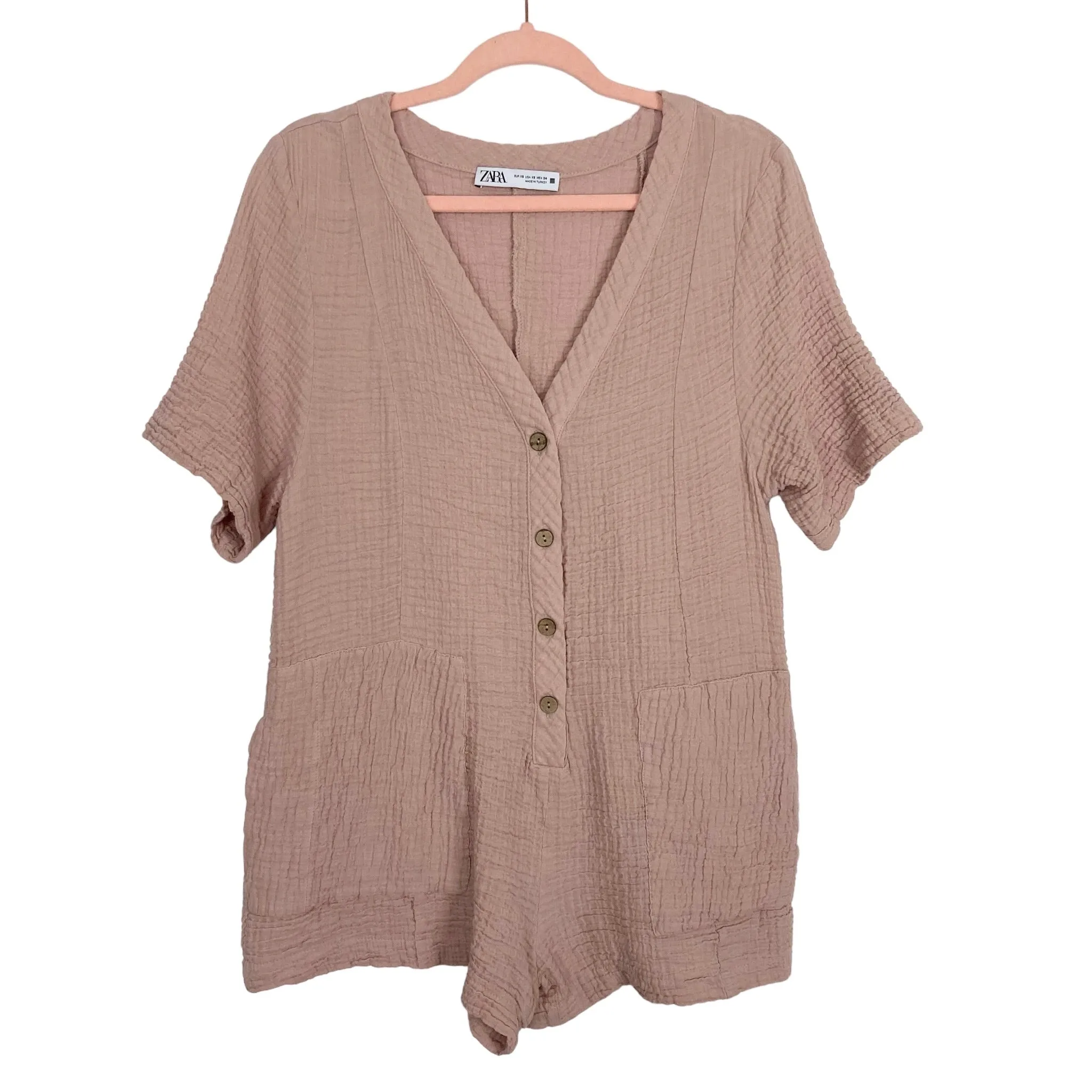 Zara Blush Beige Gauze Button Front Detail Romper- Size XS