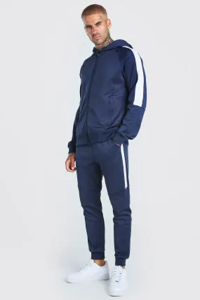 Zip Hooded Poly Tracksuit with Panels | boohooMAN UK