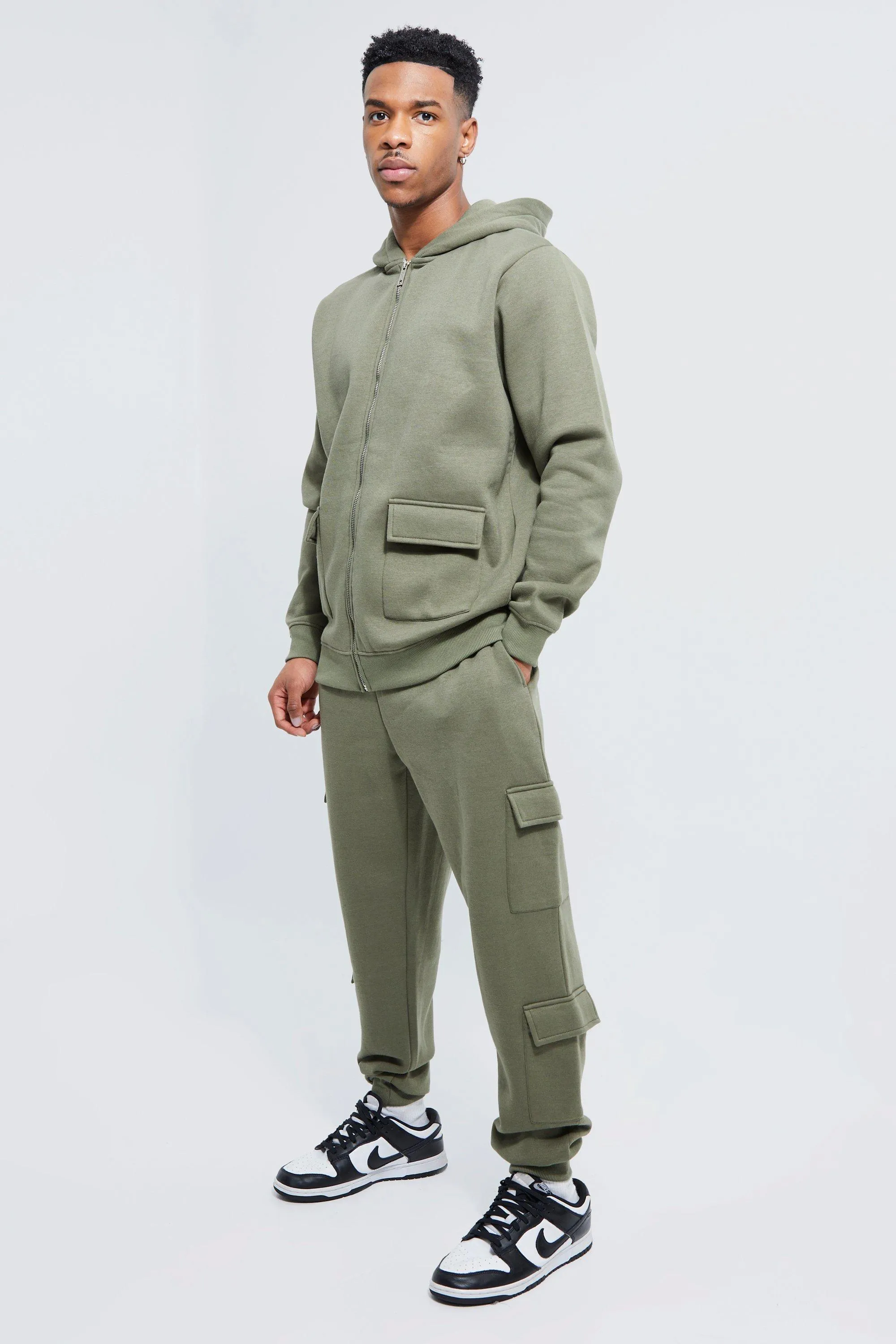 Zip Through Cargo Hooded Tracksuit | boohooMAN UK